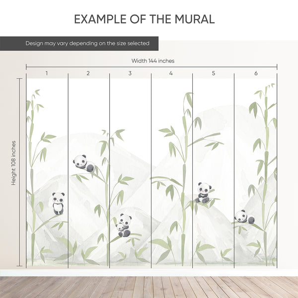 Example of a 144-inch-wide by 108-inch-high mural split into 6 panels, showing how the design is divided across  panels; the printed design varies with the size selected.