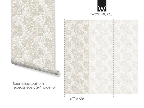 Beige & Green Marigold by Morris Wallpaper W129 - CostaCover - Peel and stick Removable Wallpaper - abstract floral - abstract wallpaper - accent wallpaper