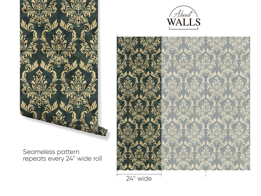 Gold Green Damask Wallpaper A029