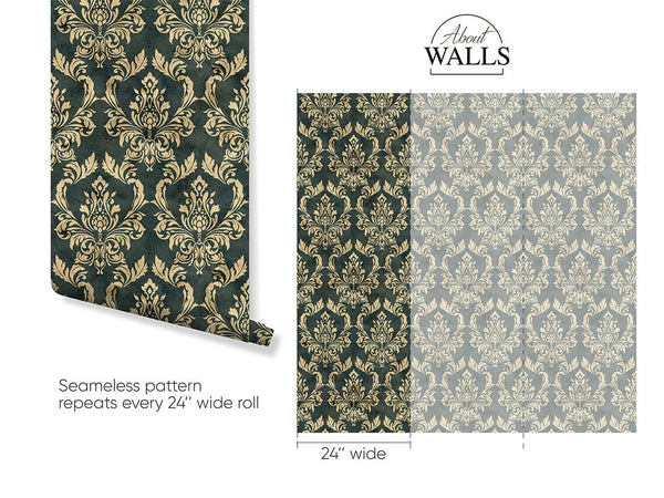 Gold Green Damask Wallpaper A029 - CostaCover - Peel and stick Removable Wallpaper - abstract wallpaper - accent wallpaper - adhesive wallpaper