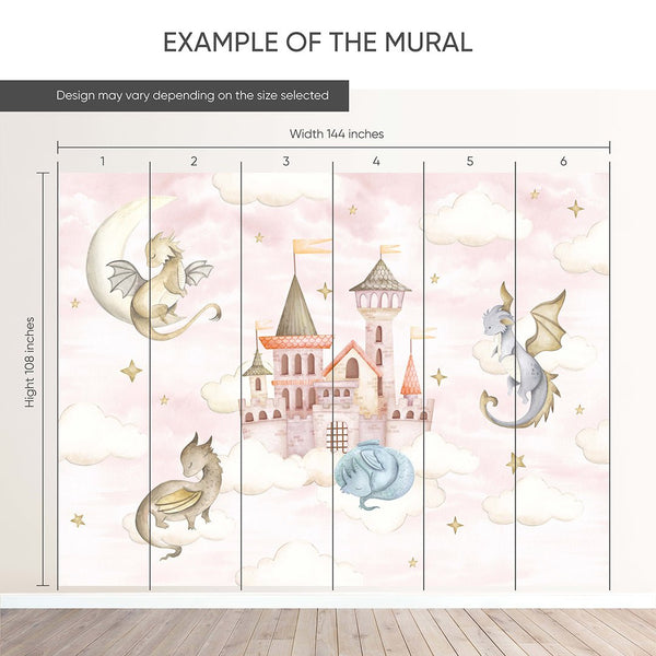 Pink Sky Dragons Castle Wall Mural SM036 - CostaCover - Peel and stick Removable Wallpaper - accent wallpaper - adhesive wallpaper - baby bedroom