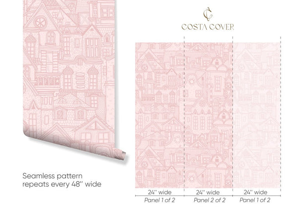 Pink City Houses Wallpaper CC313 - CostaCover - Peel and stick Removable Wallpaper - Abstract - abstract wallpaper - accent wallpaper