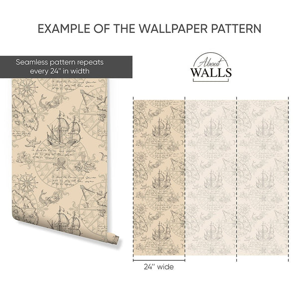 Vintage Nautical Map Wallpaper A091 - CostaCover-Peel and stick Removable Wallpaper-abstract wall art-abstract wallpaper-accent wallpaper