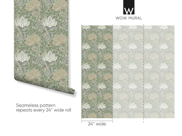 Classic Windrush wallpaper featuring formal botanical patterns with stylized blooms and scrolling leaves. Suitable for creating a heritage-inspired flow in traditional living spaces.