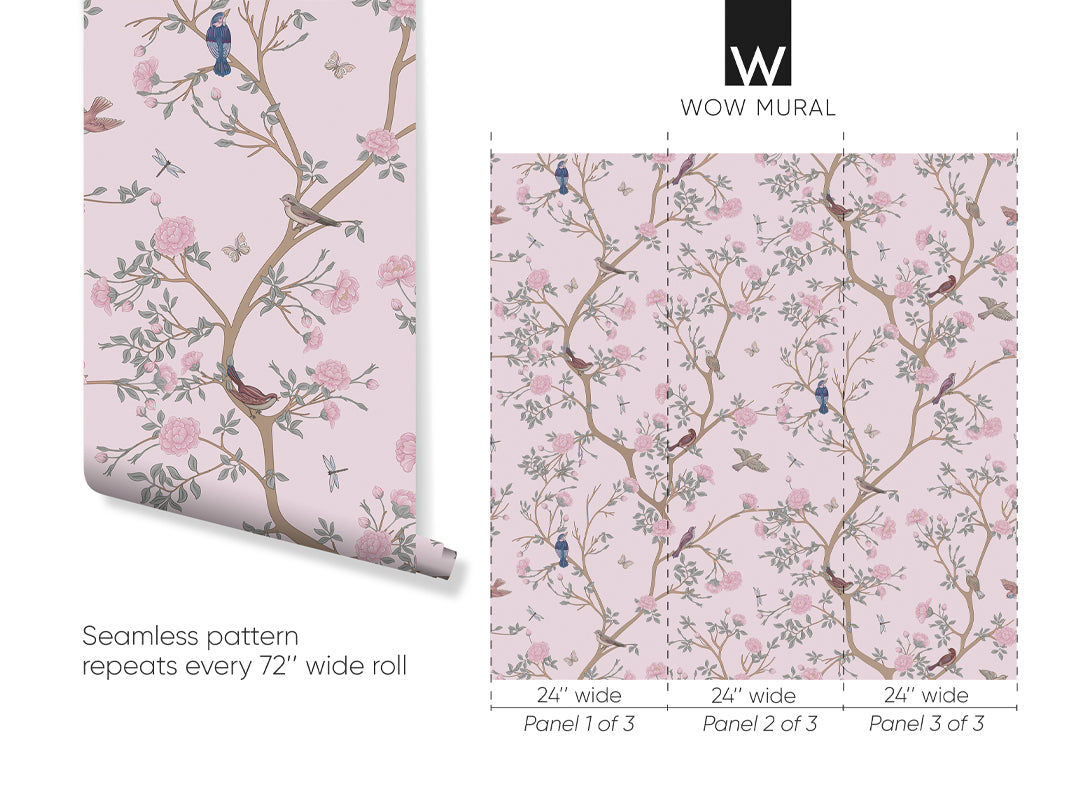 Pink Blossom Trees & Birds Wallpaper W059