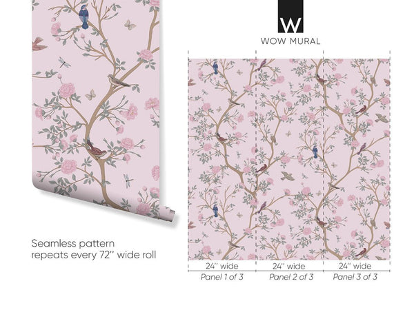 Pink Blossom Trees & Birds Wallpaper W059 - CostaCover - Peel and stick Removable Wallpaper - accent wallpaper - adhesive wallpaper - baby bedroom