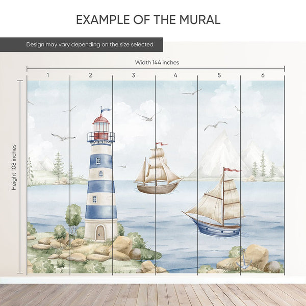 Blue Nautical Lighthouse Wall Mural AM149 - CostaCover-Peel and stick Removable Wallpaper-accent wallpaper-adhesive wallpaper-baby bedroom