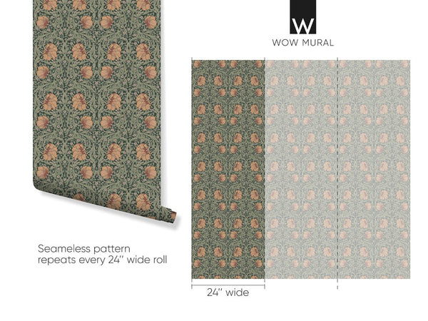 Orange & Green Pimpernel by Morris Wallpaper W081 - CostaCover - Peel and stick Removable Wallpaper - abstract floral - abstract wall art - abstract wallpaper