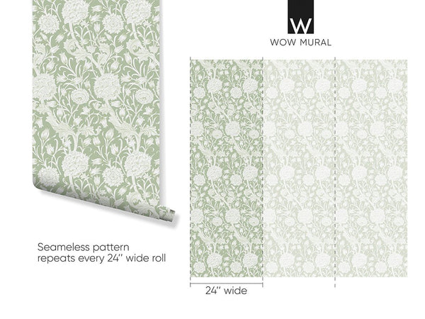 Green Beige Wild Tulip by Morris Wallpaper W111 - CostaCover - Peel and stick Removable Wallpaper - abstract floral - abstract wallpaper - accent wallpaper