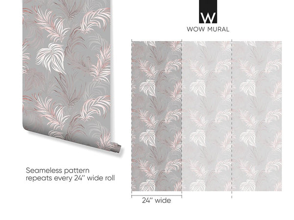 Gray & Pink Palm Leaves Wallpaper W133 - CostaCover - Peel and stick Removable Wallpaper - abstract wall art - abstract wallpaper - accent wallpaper