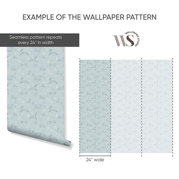 Mint Blue Forest Animals Wallpaper S038 - CostaCover - Peel and stick Removable Wallpaper - abstract forest - abstract wallpaper - accent wallpaper