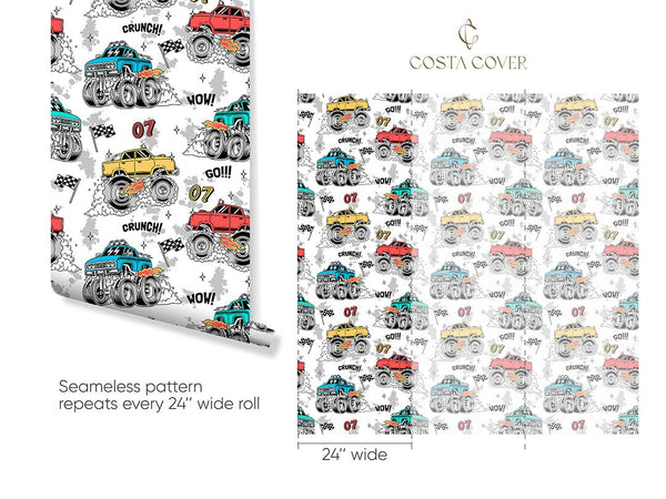 Сolored Monster Truck Cars Wallpaper CC316 - CostaCover - Peel and stick Removable Wallpaper - abstract wall art - abstract wallpaper - accent wallpaper