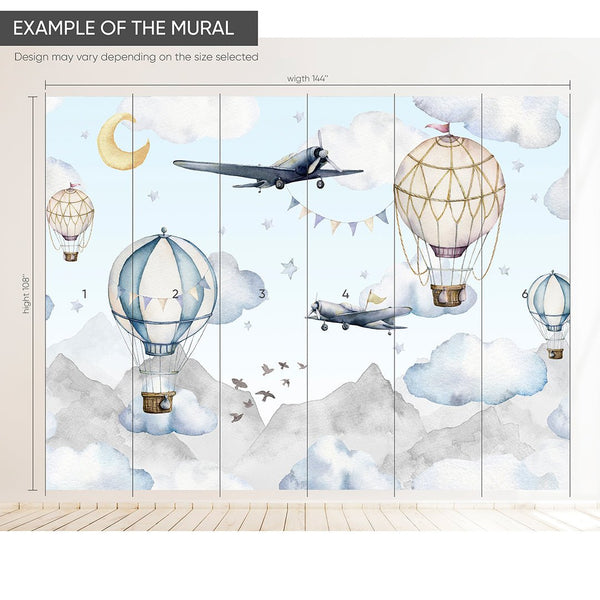 Air Balloons & Airplanes Wall Mural WM064 - CostaCover - Peel and stick Removable Wallpaper - accent wallpaper - adhesive wallpaper - air balloon
