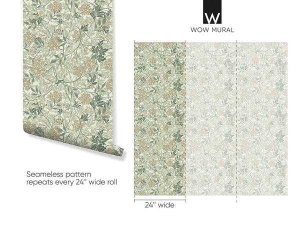Olive Green Jasmine by Morris Wallpaper W108 - CostaCover - Peel and stick Removable Wallpaper - abstract floral - abstract wall art - abstract wallpaper