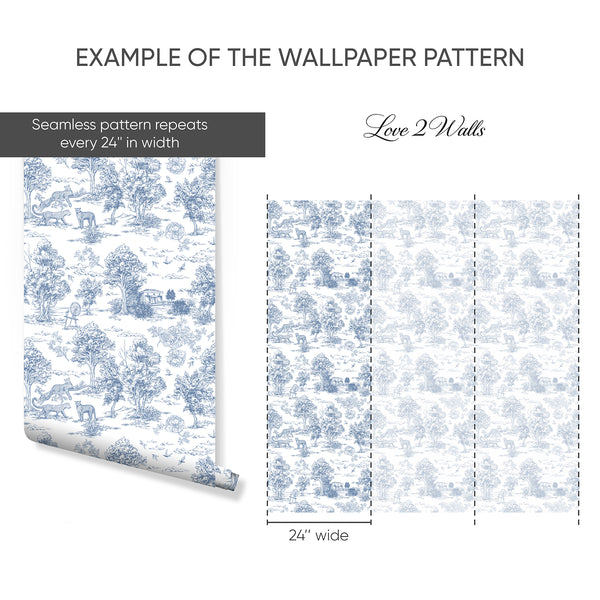 Monochrome blue wallpaper with detailed pastoral scenes, including trees and leopards, ideal for creating a classic French country vibe in bedrooms. The high-quality, removable design offers a refined, scenic pattern for decorators.