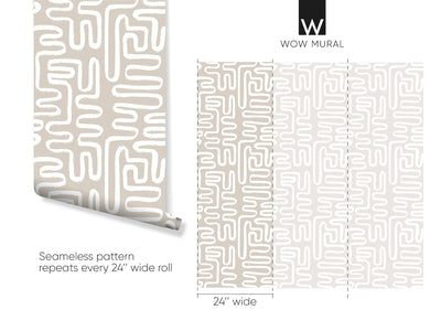 Beige White Boho Line Wallpaper W013