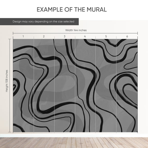 Example of a 144-inch-wide by 108-inch-high mural split into 6 panels, showing how the design is divided across  panels; the printed design varies with the size selected.