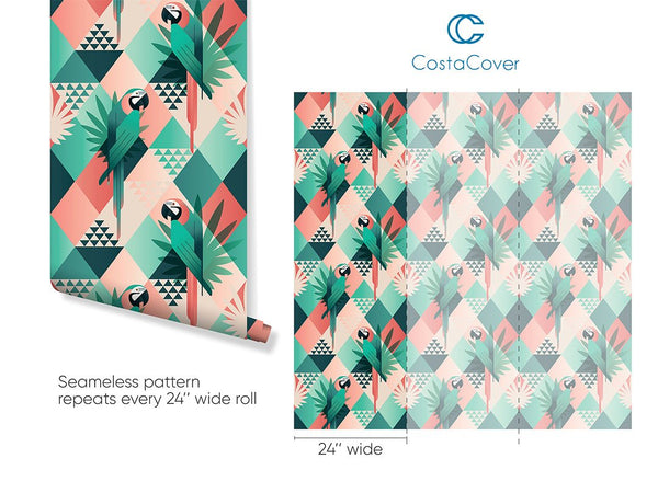 Palm Leaves & Parrots Wallpaper CC170 - CostaCover - Peel and stick Removable Wallpaper - Abstract - abstract wallpaper - adhesive wallpaper