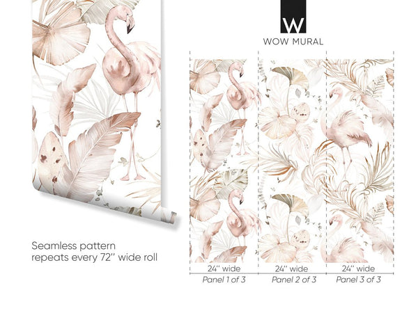 Palm Leaves & Flamingos Wallpaper W006 - CostaCover - Peel and stick Removable Wallpaper - adhesive wallpaper - baby bedroom - bedroom interior