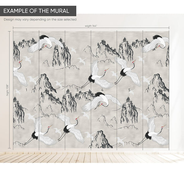 Chinoiserie Crane & Mountains Grasscloth Wall Mural CG003 - CostaCover - Traditional Wallpaper - accent wallpaper - bathroom wallpaper - bedroom wallpaper
