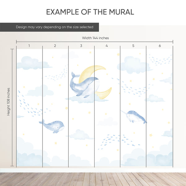 Example of a 144-inch-wide by 108-inch-high mural split into 6 panels, showing how the design is divided across  panels; the printed design varies with the size selected.