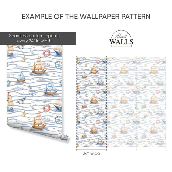 Sailboats & Waves Wallpaper A062 - CostaCover-Peel and stick Removable Wallpaper-abstract wall art-abstract wallpaper-accent wallpaper