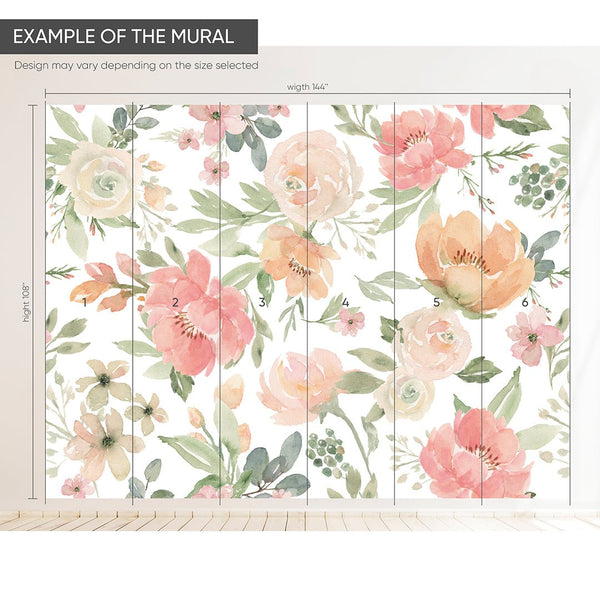 Pink Orange & Green Flowers Wall Mural WM001 - CostaCover - Peel and stick Removable Wallpaper - accent wallpaper - adhesive wallpaper - bathroom wallpaper