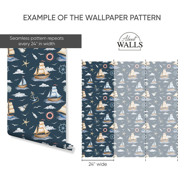 Dark Blue Sailboats Wallpaper A064 - CostaCover-Peel and stick Removable Wallpaper-abstract wall art-accent wallpaper-adhesive wallpaper