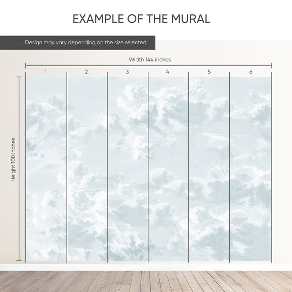 Example of a 144-inch-wide by 108-inch-high mural split into 6 panels, showing how the design is divided across  panels; the printed design varies with the size selected.