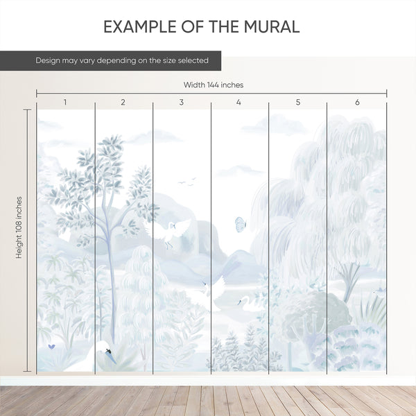 Example of a 144-inch-wide by 108-inch-high mural split into 6 panels, showing how the design is divided across  panels; the printed design varies with the size selected.
