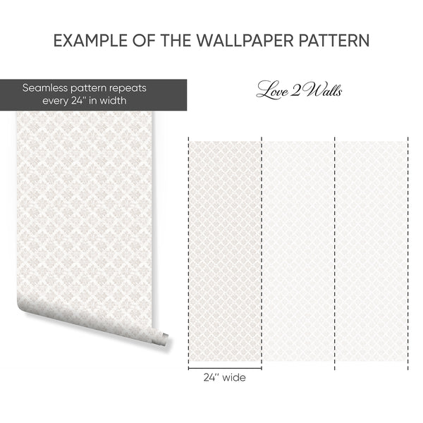 Beautiful beige floral damask wallpaper ideal for traditional or farmhouse style interiors, featuring soft leaf and floral motifs in a diamond arrangement. This high-quality removable wallpaper is perfect for accent walls, offering an aged appearance that enhances any room with its understated elegance.