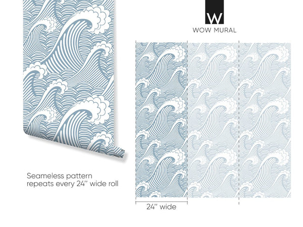Blue Japanese Waves Wallpaper W002 - CostaCover - Peel and stick Removable Wallpaper - adhesive wallpaper - aqua blue - Aqua blue wallpaper