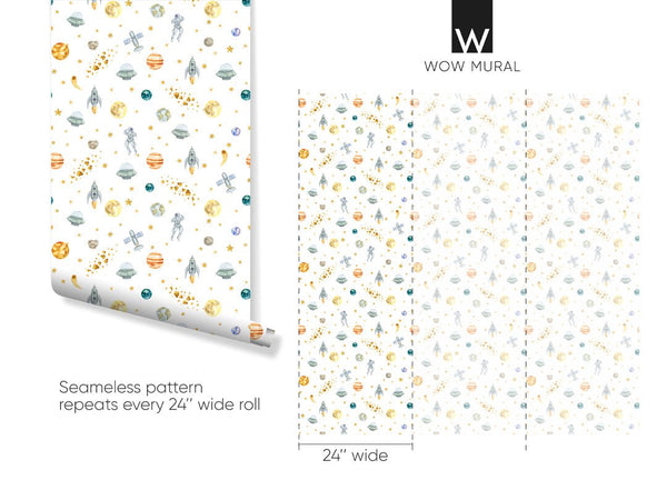 Watercolor Space Wallpaper W079 - CostaCover - Peel and stick Removable Wallpaper - adhesive wallpaper - Aqua blue wallpaper - astronaut
