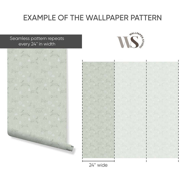 Pale Green Forest Animals Wallpaper S039 - CostaCover - Peel and stick Removable Wallpaper - abstract forest - accent wallpaper - adhesive wallpaper