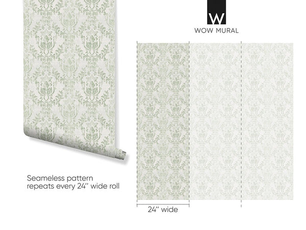 Sage green damask wallpaper with rococo cartouches, adding vintage charm to any traditional space.