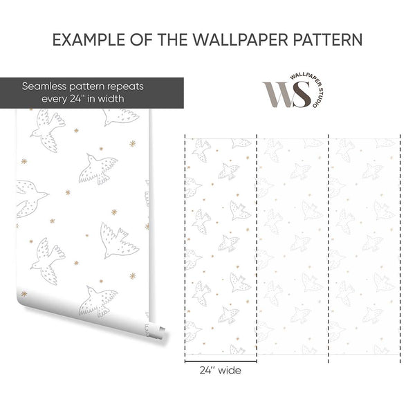 Gray Birds & Stars Wallpaper S050 - CostaCover - Peel and stick Removable Wallpaper - abstract lines - abstract wallpaper - accent wallpaper