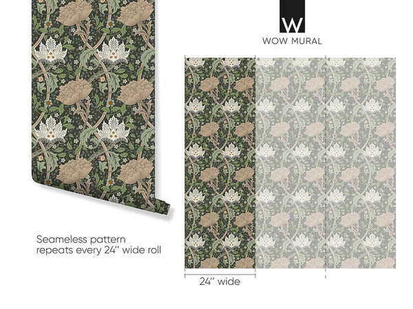 Graphic floral backdrop with large flowerheads and scrolling stems in beige and sage, set on a deep green base. This high-quality removable wallpaper is eco-friendly and Made in the USA, perfect for decorators and designers enhancing living rooms or entrance halls.