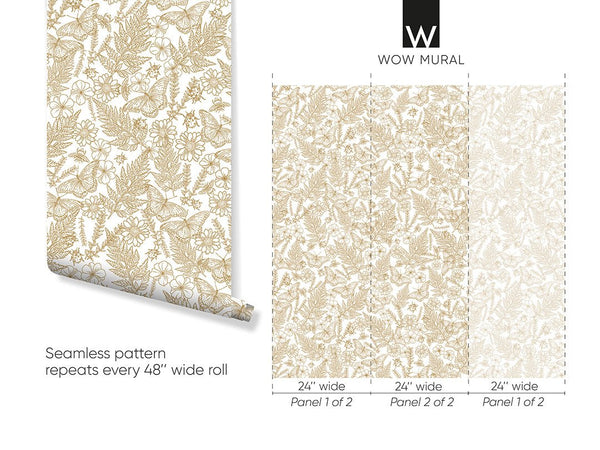 Beige Butterflies & Plants Wallpaper W157 - CostaCover - Peel and stick Removable Wallpaper - abstract floral - abstract wallpaper - accent wallpaper