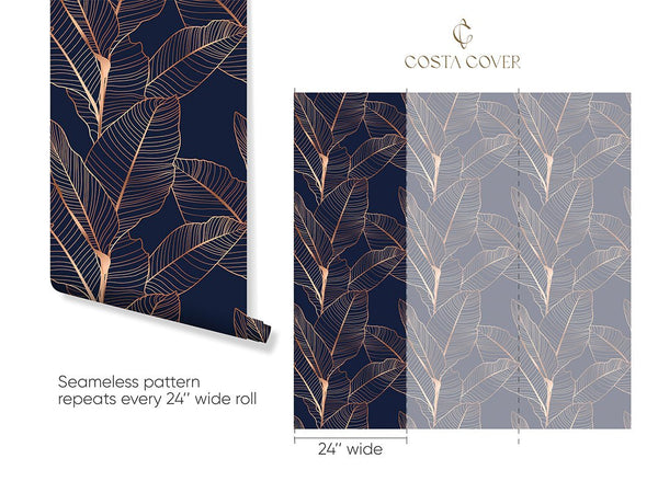 Dark Blue Banana Leaves Wallpaper CC318 - CostaCover - Peel and stick Removable Wallpaper - abstract floral - aqua blue - Aqua blue wallpaper