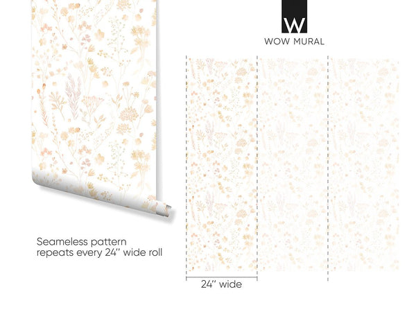 Pink & Gold Wildflowers Wallpaper W136 - CostaCover - Peel and stick Removable Wallpaper - Abstract - abstract floral - abstract wall art