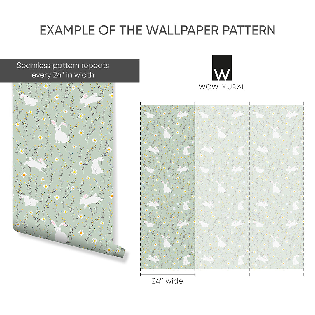Sage Green Floral Bunny Wallpaper W176