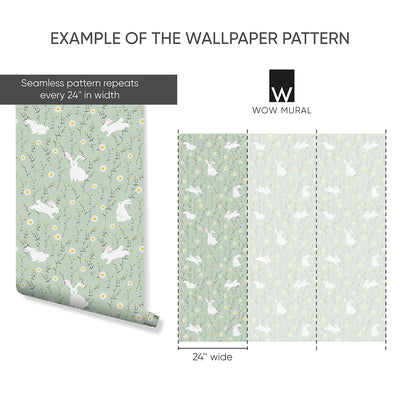 Sage Green Floral Bunny Wallpaper W176