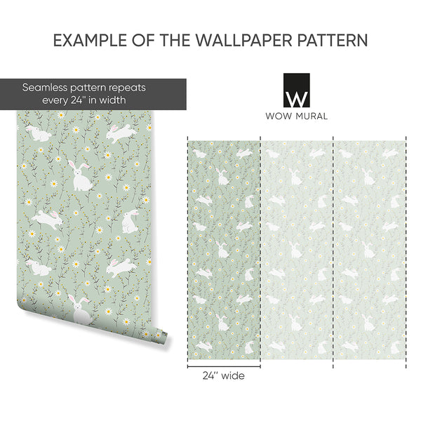 Sage Green Floral Bunny Wallpaper W176