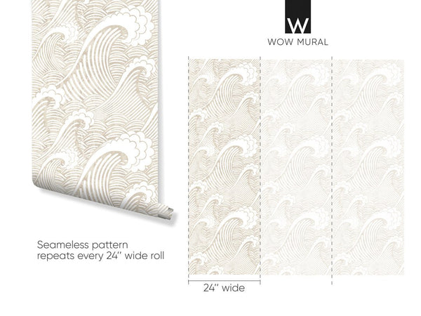 Beige Japanese Waves Wallpaper W003 - CostaCover - Peel and stick Removable Wallpaper - adhesive wallpaper - bedroom interior - bedroom wallpaper
