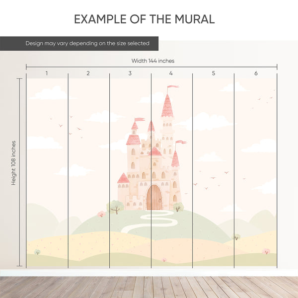 Example of a 144-inch-wide by 108-inch-high mural split into 6 panels, showing how the design is divided across  panels; the printed design varies with the size selected.