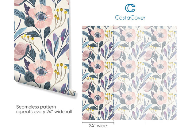 Poppy Pink Flower Wallpaper CC005 - CostaCover - Peel and stick Removable Wallpaper - adhesive wallpaper - bathroom wallpaper - bedroom interior