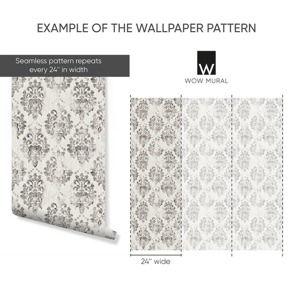 Charcoal damask motifs on warm gray, creating a subtle vintage print suitable for living rooms or hallways. This wallpaper adds a touch of elegance and style, ideal for decorators seeking a classic, ornate design.