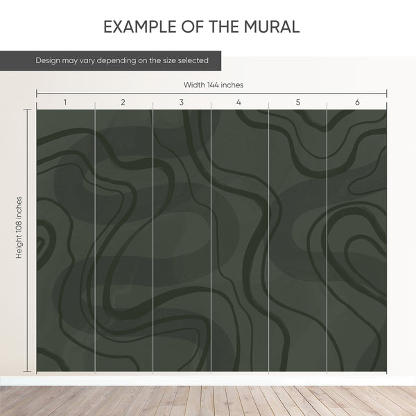 Example of a 144-inch-wide by 108-inch-high mural split into 6 panels, showing how the design is divided across  panels; the printed design varies with the size selected.