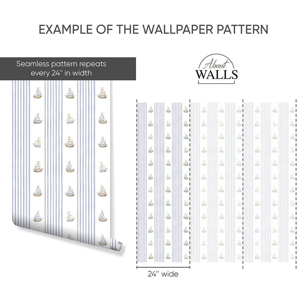 Blue Stripes & Sailboats Wallpaper A069 - CostaCover-Peel and stick Removable Wallpaper-abstract wall art-abstract wallpaper-accent wallpaper