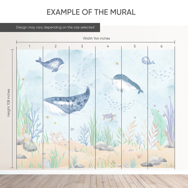 Example of a 144-inch-wide by 108-inch-high mural split into 6 panels, showing how the design is divided across  panels; the printed design varies with the size selected.